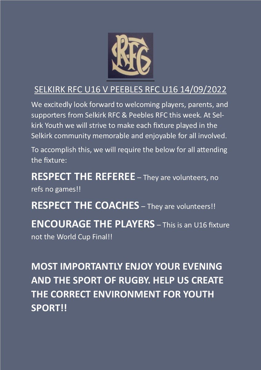 SRFCdevelopment's tweet image. Looking forward to @SelkirkRFCInfo U16s first home game v @PeeblesRugbyDev @PeeblesRugby U16s on Wednesday night, 7:00pm k.o. 🏉🏉