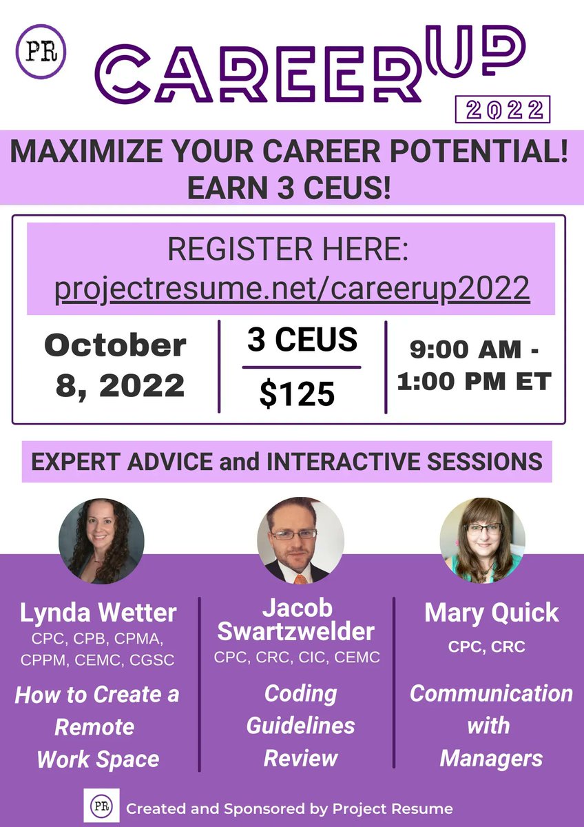 ProjectResume's tweet image. The big day is here! We are so proud to announce our first conference, Career Up 2022! Join us for expert advice, interaction with your peers, and to earn 3.0 CEUs! Register today at buff.ly/3xeQi3j  

#projectresume #careerup #codingconference #medicalcoding