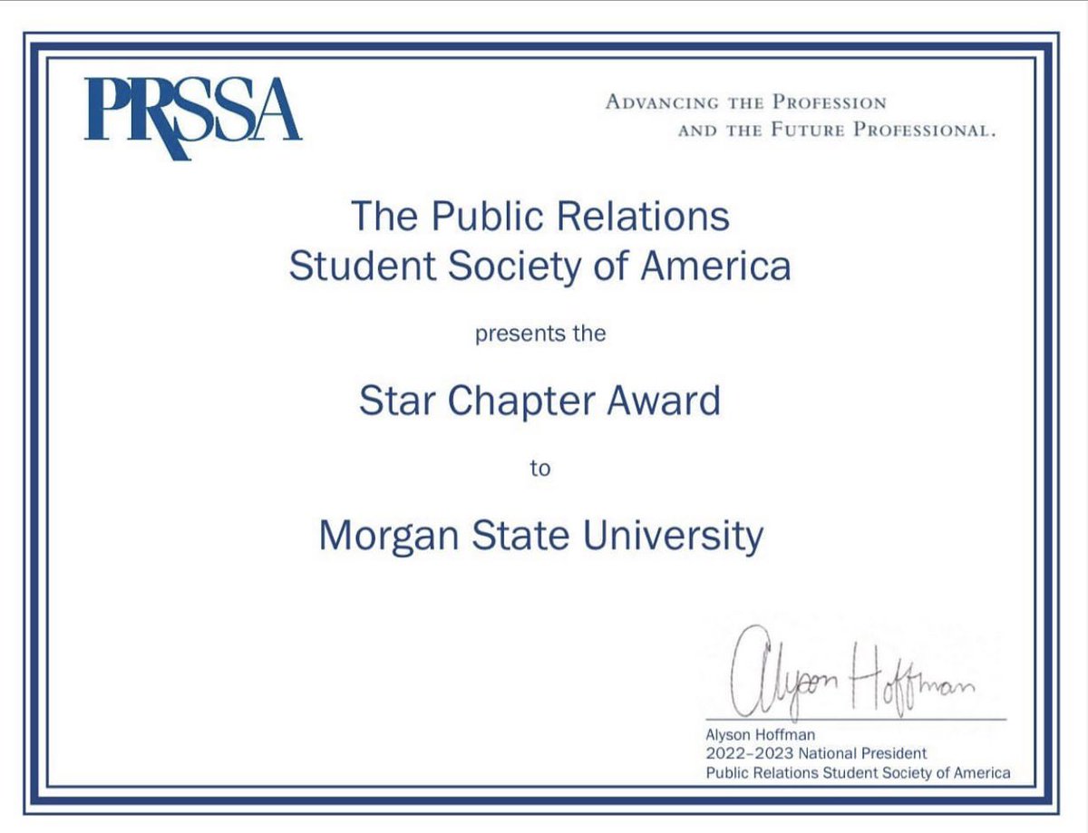 PRSSAbears's tweet photo. On behalf of the Morgan State Chapter of PRSSA we would like to thank the PRSSA 2022-23 National
Committee for congratulating our chapter with a Star Award! 💙🧡 https://t.co/OGbvAxbb9l