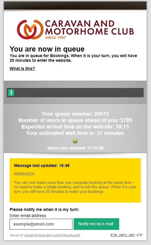 CluelessCaravan's tweet photo. Great start for the new @candmclub booking system! It's expected that after being offline for three days there would be a surge in traffic but 1) it should have been allowed for and 2) FIVE THOUSAND SEVEN HUNDRED AND EIGHTYFIVE members in the queue ahead of me? Absolute nonsense. https://t.co/Ic7IfBJSIR