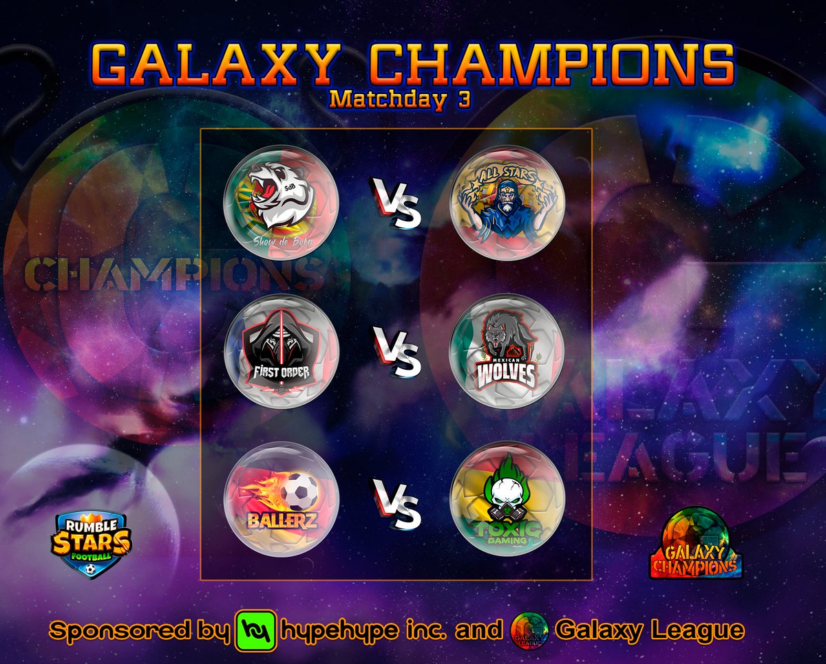 ------------------
<a href="/RumbleStars/">Rumble Stars Football ⚽️</a>
------------------
Intense week in which <a href="/ShowdeBolaPT/">ShowdeBola</a> is looking for his third consecutive victory at the expense of an <a href="/AllStarsRS/">All Stars RS</a>  who still do not know the victory.

#GalaxyChampions
---------------------------
discord.gg/EsYberEqay