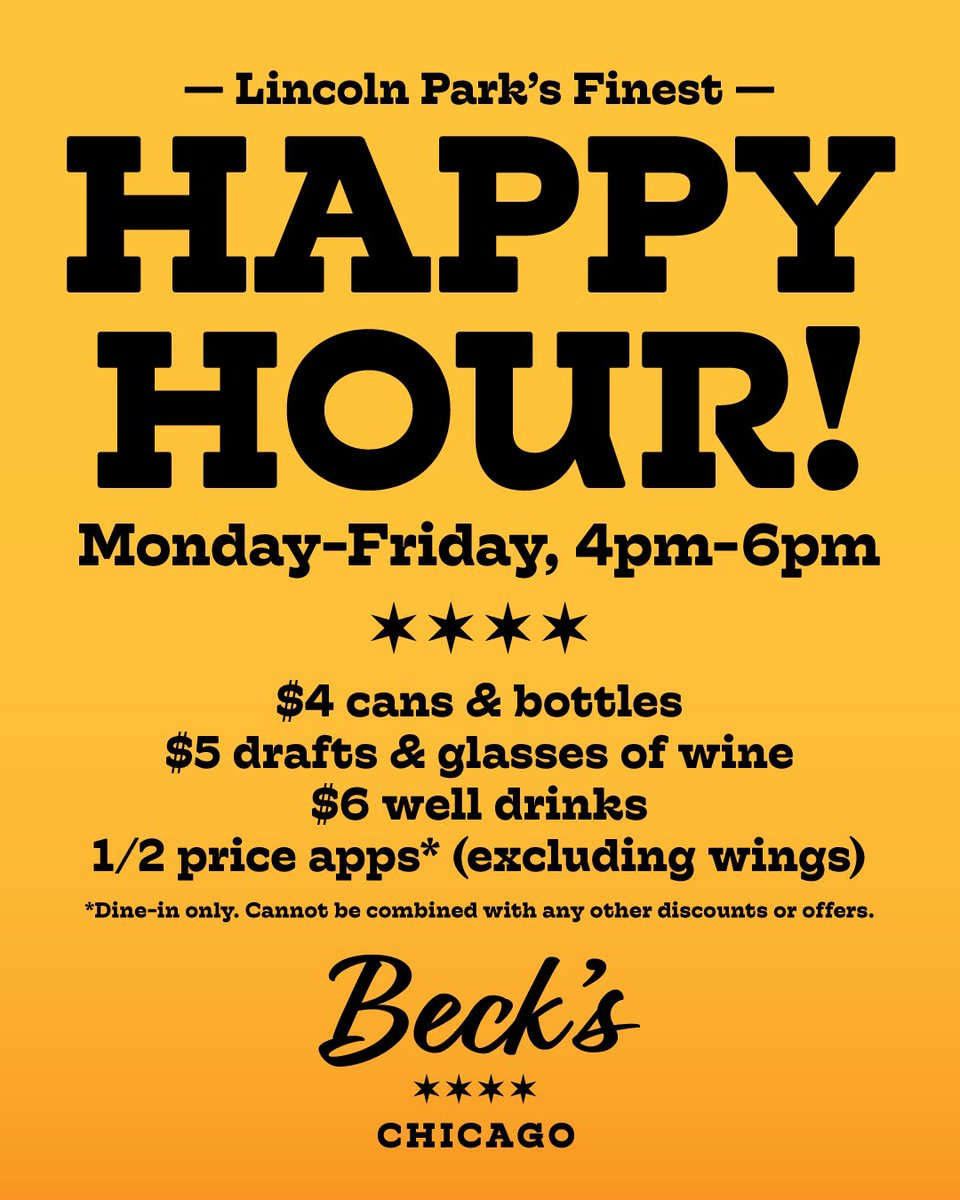 beckschicago's tweet photo. HAPPY HOUR IS BACK! 🎉 Join us Monday-Friday from 4-6pm for specials on beers, cocktails, and appetizers*. 

*Dine-in only. Because there’s always one. 🤣

#chicagobars #lincolnpark #lincolnparkchicago #happyhour #happyhourchicago #specials #chicagofoodanddrink https://t.co/fVAjxWx1Ir