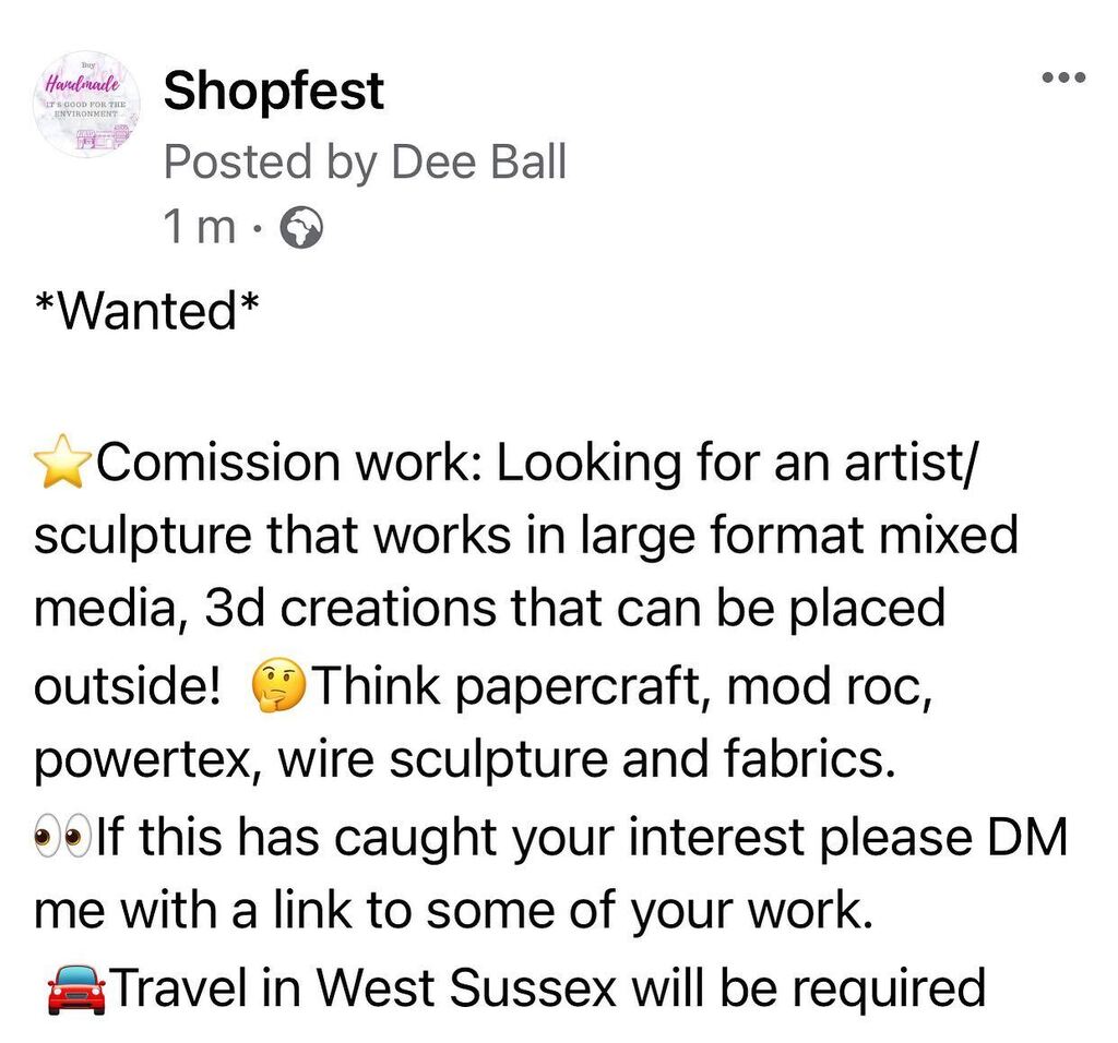 If this sounds like you get in touch. 
6-8 commissions - complete toon needed by mid November

#mixedmedia #sculpture #propmaker #westsussex #steampunk #artist #surrey #outdoorarts #outdoorartist instagr.am/p/CiahATDMGgc/