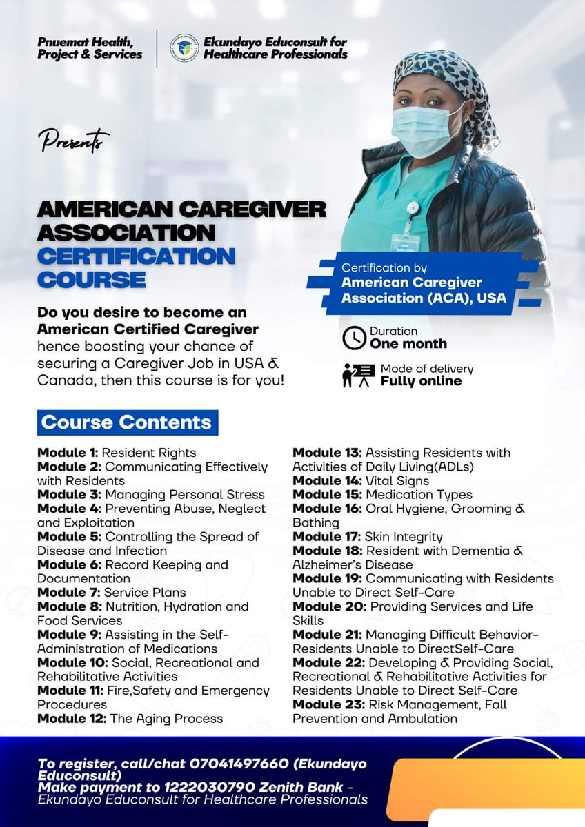 Mustaph24575110's tweet photo. American Caregiver Association Certification Course

👉🏻 Do you desire to become an American  Certified Caregiver hence boosting your chance of securing a Caregiver Job in USA &amp; Canada, then this course is for you.

👉🏻 Duration- 1 month

👉🏻 Mode of Delivery- Fully online https://t.co/4IWYVXnWcF