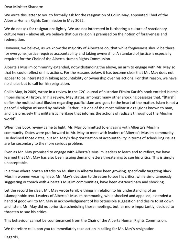 1. Today, over two dozen of Alberta’s leading Muslim organizations and mosques sent a letter to Minister @shandro asking for the resignation of the Chair of the Alberta Human Rights Commission, Collin May.