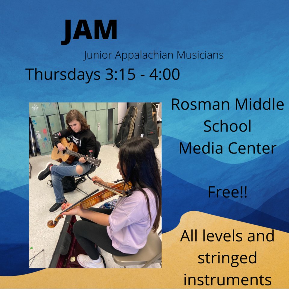 RosmanMiddle's tweet photo. JAM Junior Appalachian Musicians Thursdays 3:15 to 4:00 Rosman Middle School Media Center Questions Ms. Ketchum https://t.co/pAHF0QMr0J