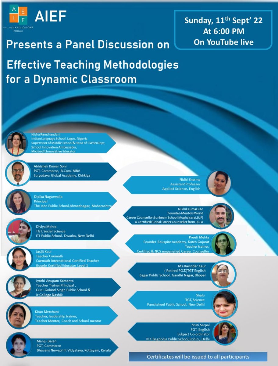 divamehra's tweet photo. Participation in the #paneldiscussion on Effective teaching methodologies for a #DynamicClassroom organised by All India Educators Forum @AIEF
https://t.co/NVzz6hQkdu
Thank you for opportunity @MathewsKThomas1 sir
@EduMinOfIndia @AllCBSENews @cbseindia29 @ncert #EducationForAll https://t.co/xaeq9oJgCR