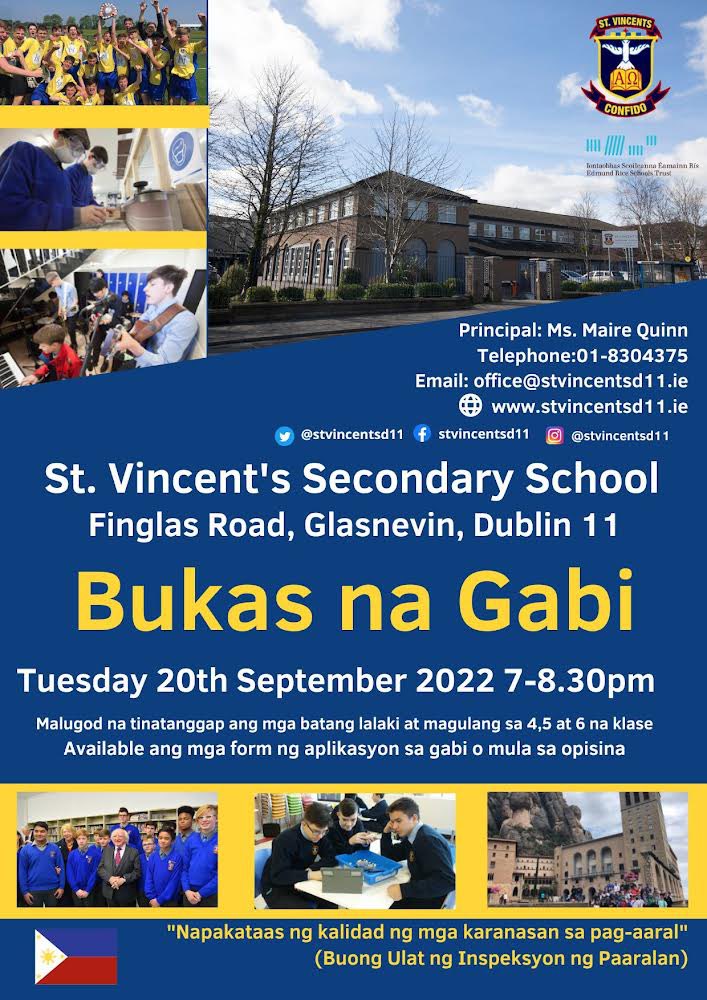 StVincentsd11's tweet photo. Our open night here at St. Vincent's Secondary School is next Tuesday 20th September from 7pm until 8:30pm. Boys and their parents from 4th, 5th and 6th class are welcome! 
We look forward to meeting you all! #ERST https://t.co/3mm0ECyVT4