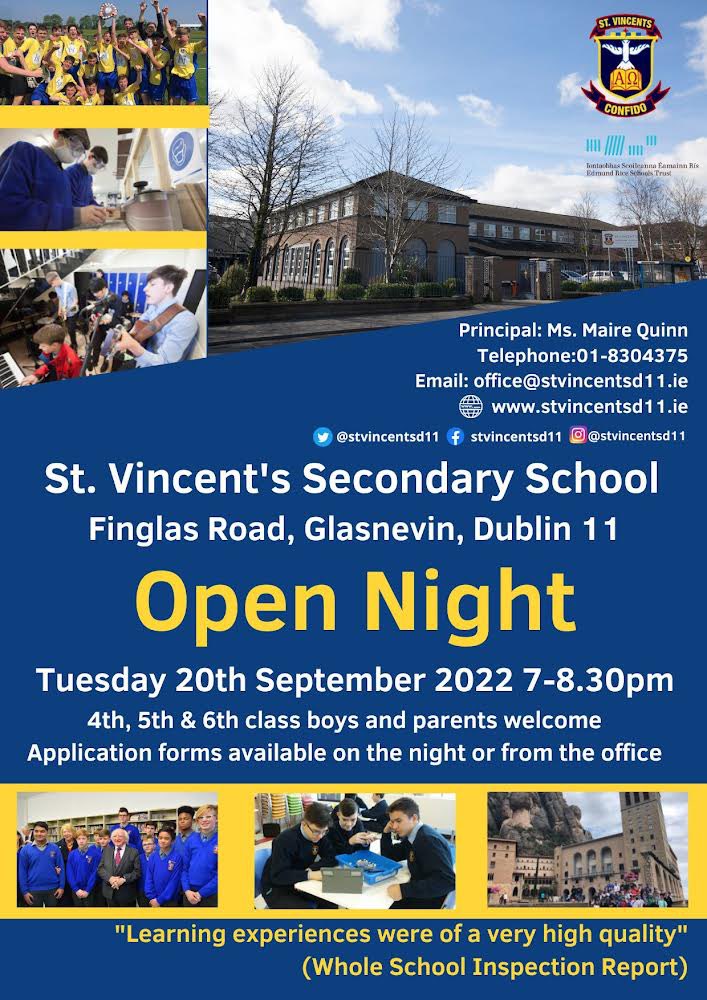 StVincentsd11's tweet photo. Our open night here at St. Vincent's Secondary School is next Tuesday 20th September from 7pm until 8:30pm. Boys and their parents from 4th, 5th and 6th class are welcome! 
We look forward to meeting you all! #ERST https://t.co/3mm0ECyVT4