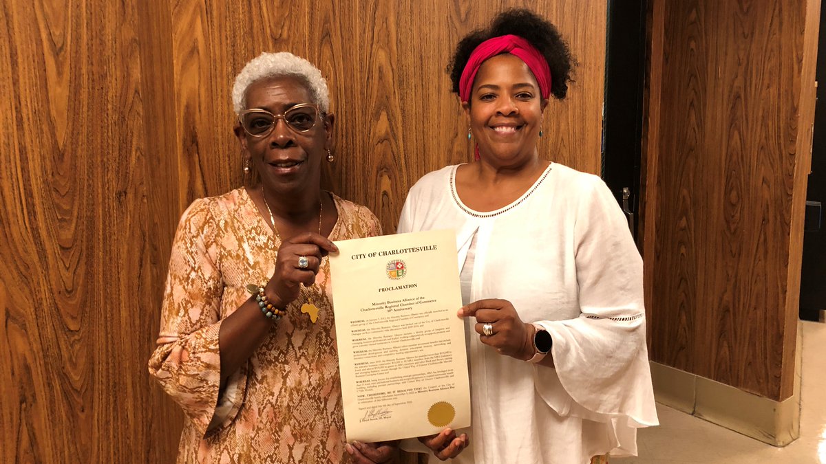 CvilleVAChamber's tweet photo. Last week, Charlottesville City Council proclaimed September 9 Minority Business Alliance Day in celebration of MBA's decade of impact in our local business community!
🔥 https://t.co/jzdWXBTupn
#minoritybusinessalliance #mbaday #charlottesville @copelandandi @CvilleCityHall https://t.co/fOP1NtMsaG