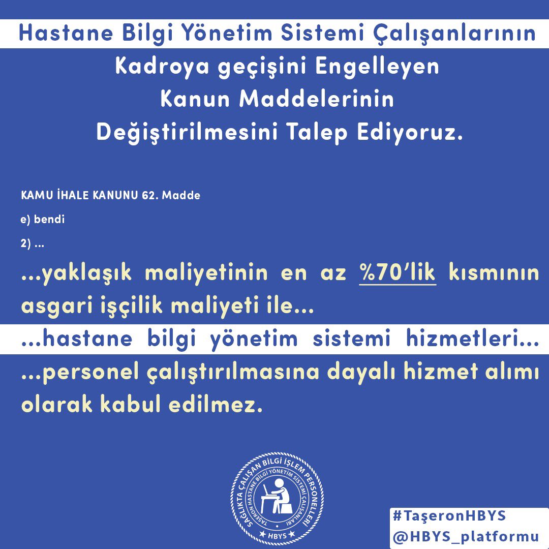 Kamuda hizmet alımında kalan başta #hbys ihalesiyle çalışan hastane bilgi işlem personelleri 5yıldır #TaşeronBoynuBükük kaldı. Zaten özlük haklarımız yokken Tediye,promosyon,ikramiye,mesai hepsinden mahrumken bide işkurdan kura ile personel alındı <a href="/vedatbilgn/">Vedat Bilgin</a> <a href="/drfahrettinkoca/">Dr. Fahrettin Koca</a>