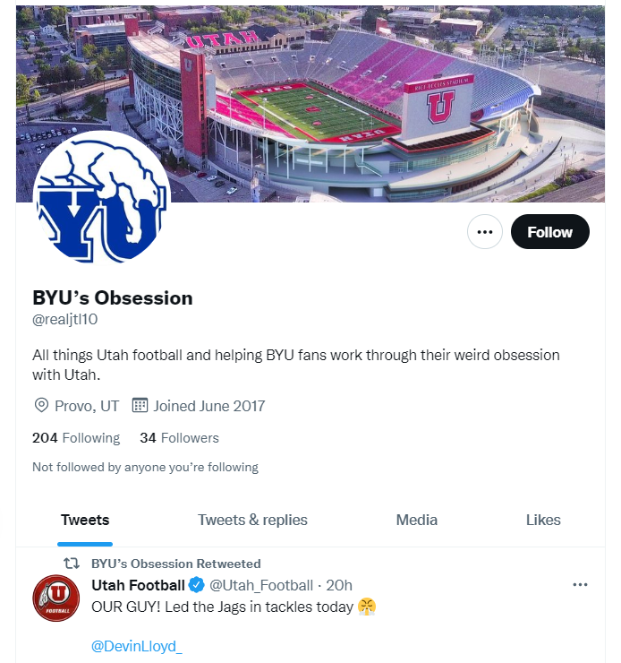 MVHS_Dynasty's tweet photo. @GPokes81 @bashinbashers This tweep is not a #BYU fan.
This is yet another #yewt Twitter hall-monitor account for all things BYU.
#punk #doUUcehbag #NobodyCaresMore #ubsessed https://t.co/DjHyPtSzhv