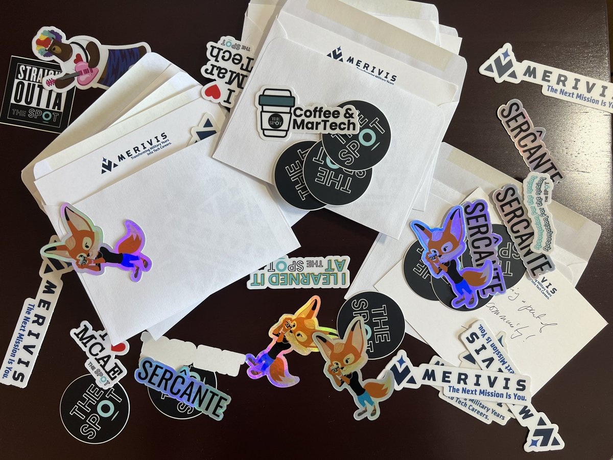 Prepping sticker packs for our @MerivisVets @Pardot Cohort participants! Including shiny new Brandi stickers! Thanks @SercanteLLC and @littleiglooo for the goodies! I’ll bring the leftovers to #DF22 sticker swap next week!