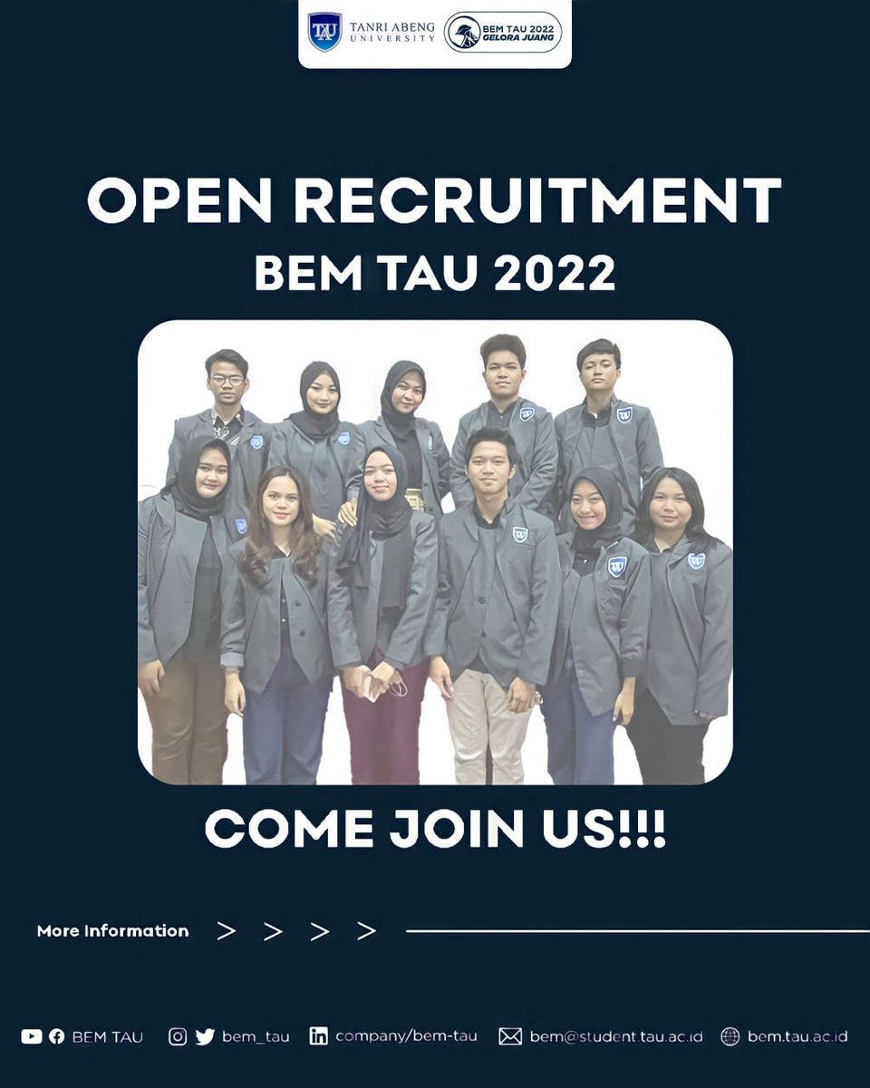 bem_tau's tweet photo. [OPEN RECRUITMENT : BEM TAU 2022 KABINET GELORA JUANG]

Halo teman - teman juang!

BEM TAU 2022 sedang membuka perekrutan nih!
Berikut daftar kementrian yang tersedia :
• Kementrian Kesekretariatan &amp; Keuangan (Kemensekeu)
• Kementrian Dalam Kampus (Kemendal) https://t.co/AaIypCYBkD