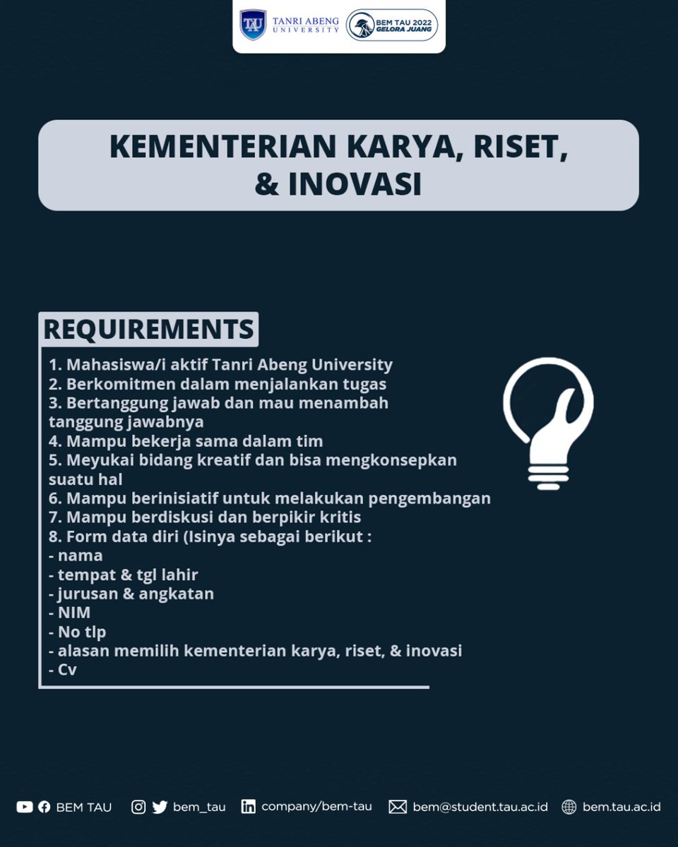 bem_tau's tweet photo. Teman - teman juang dapat mengecek kementrian yang kalian inginkan dan membaca kualifikasi - kualifikasi yang ada sesuai dengan kementrian nya masing - masing. 

Kalian dapat mendaftarkan diri melalui QR Code yang telah tersedia atau mengunjungi tautan berikut : https://t.co/kVo4sA0kvf