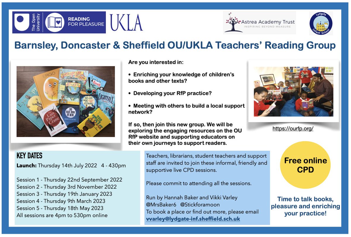 Stickforamoon's tweet photo. Are you in Barnsley, Doncaster or Sheffield and interested in developing your Reading for Pleasure practice in a small, friendly group? It's not too late to sign up to our new TRG. Free online CPD sessions. Details ⬇️ @OpenUni_RfP @The_UKLA @MrsBaker6 https://t.co/VNDlTThnnl