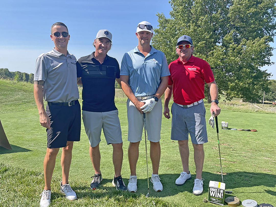 meritrustcu's tweet photo. Cole Shaffer & Tim Mock hit the greens last week with Adam Courtney (@KuInnovation) & Brandon Graham (Jefferson's Franchise Systems) for the @lmhorg Penny Jones Open Golf Tournament. Proceeds support the LMH Health Cancer Center expansion project. #TeamMeritrust https://t.co/5EtgoPZH2B