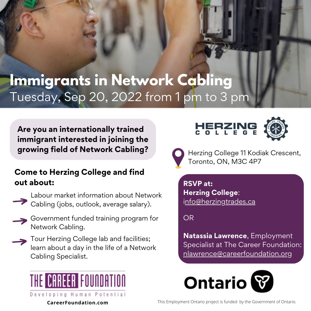 herzingtrades's tweet photo. Join us and @theCareerFnd for more info a government funded training program for internationally trained immigrants interested in network cabling

📅Tuesday, Sept. 20
⏰1:00 PM to 3:00 PM
📌Herzing Toronto - 11 Kodiak Crescent

👉RSVP to info@herzingtrades.ca https://t.co/hNYwJRMAN4