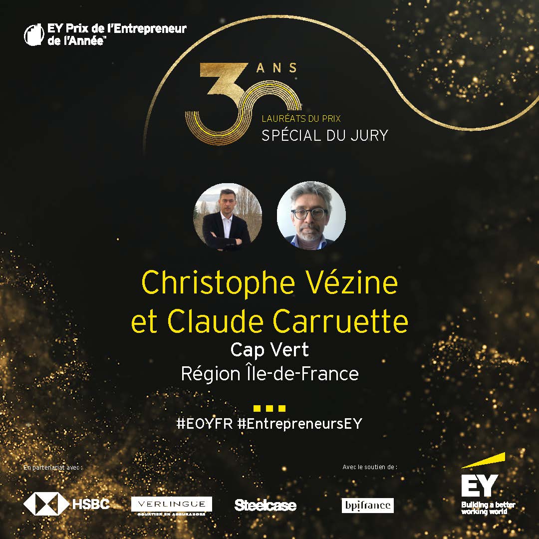 Félicitations à Christophe Vézine et Claude Carruette qui remportent le Prix Spécial du Jury avec Cap Vert, spécialisé dans les soins arboricoles, les espaces verts et l’ingénierie.

#EOYFR #30AnsDéja