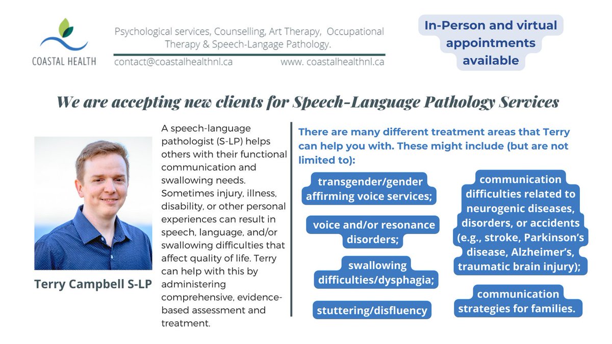 CoastalHealthNL's tweet photo. Terry is a registered speech-language pathologist with a Master of Science degree in Speech-language Pathology from Dalhousie University. He has experience working with pre-school and school-aged children, adults, and families. https://t.co/Sxr2m4FzIX