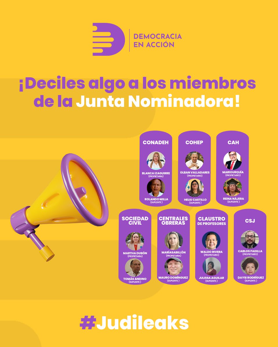 DemoAccionHn's tweet photo. Usa esta publicación para mandar un mensaje a los miembros de la Junta Nominadora.
Recuerda que de ellos depende que tengamos una Corte Eficiente.
¡No Más de lo mismo!
#Judileaks
#CorteJustaDeUnaVez https://t.co/tSjnmlxmv5