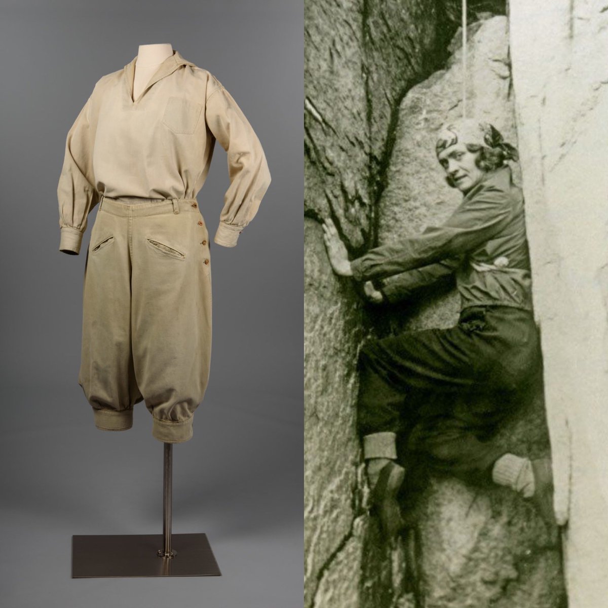 So looking forward to presenting a paper at the Global Diffusion of Tailored Clothes event this Sat 17 Sept. I’ll be talking about dress strategies of early women mountaineers. This is a rare surviving 1920s ensemble and a photograph of the pioneering Miriam Underhill. <a href="/MOHAI/">MOHAI</a> 1/2