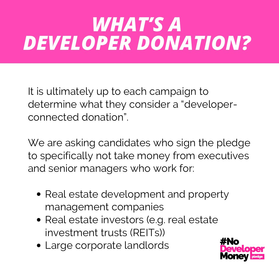 NoDveloperMoney's tweet photo. We’re asking #topoli candidates to sign on to the #NoDeveloperMoney pledge. 

Here’s what we mean by developer donations — not taking $ from execs who work for: 
🚫 REITs
🚫 Corporate landlords
🚫 Real estate development companies

Petition: https://t.co/VJxpW0S1gV https://t.co/KIdJusSkn4