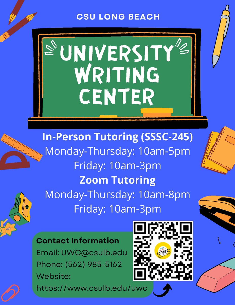 We are officially OPEN for more appointments and longer hours!

• Monday - Thursday: 10am - 5pm = both in-person &amp; Zoom appointments 
• Monday - Thursday: 5pm - 8pm = Zoom only appointments 
• Fridays: 10am - 3pm = both in-person and zoom appointments 

csulb.edu/uwc