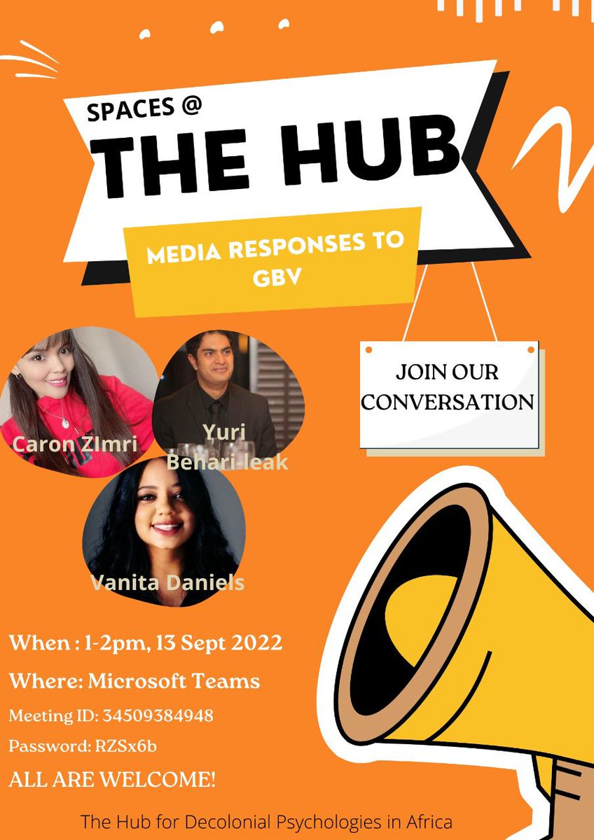 UnsettlingV's tweet photo. We would like to invite you to a conversation on media responses to gender-based violence.

Date:13th of September 2022
Time : 13:00 - 14:00
Check poster for meeting details. https://t.co/lcoeygSdBK