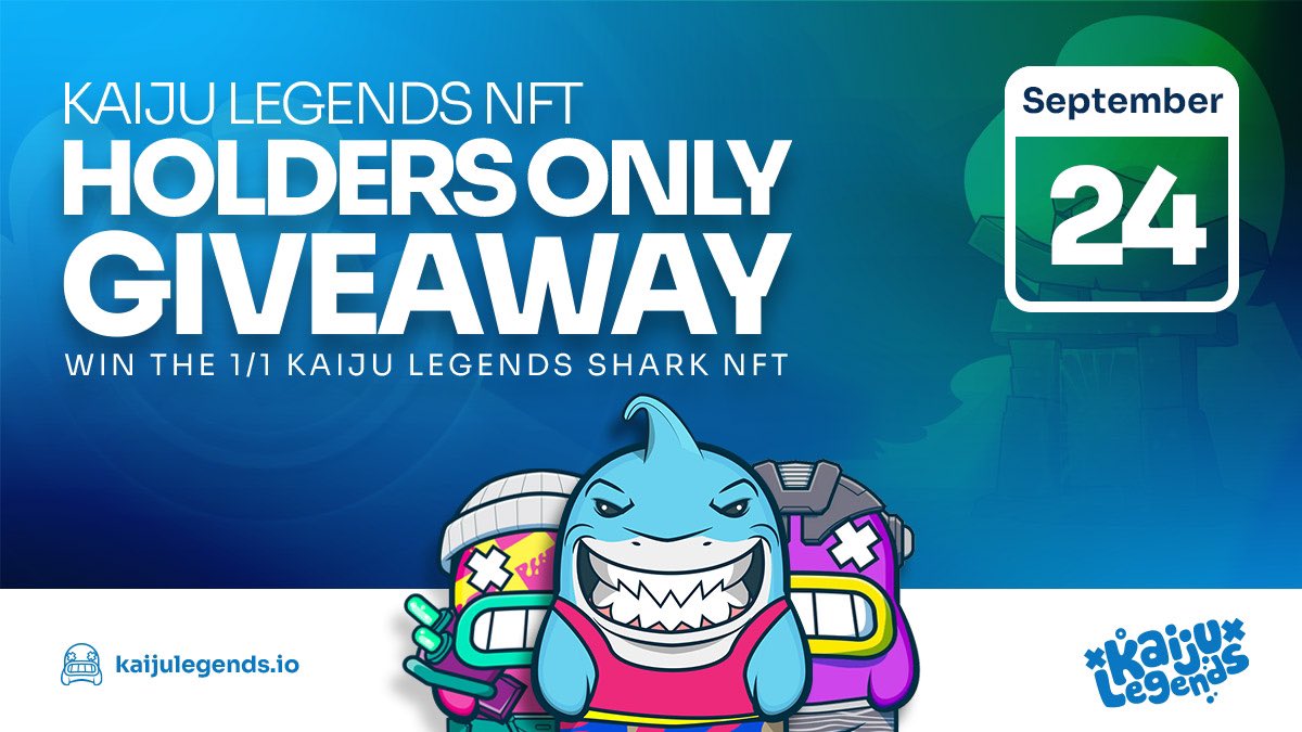 We are excited to announce a brand new holders only 1/1 shark NFT raffle giveaway! 

To enter;
Hold or buy a Kaiju legend NFT by September 24th! 
1 Kaiju = 1 raffle ticket 🎟 
Retweet, like and reply with a Kaiju you own! 

Join discord ⬇️
discord.gg/KaijuLegendsNFT

Good luck! 🔥