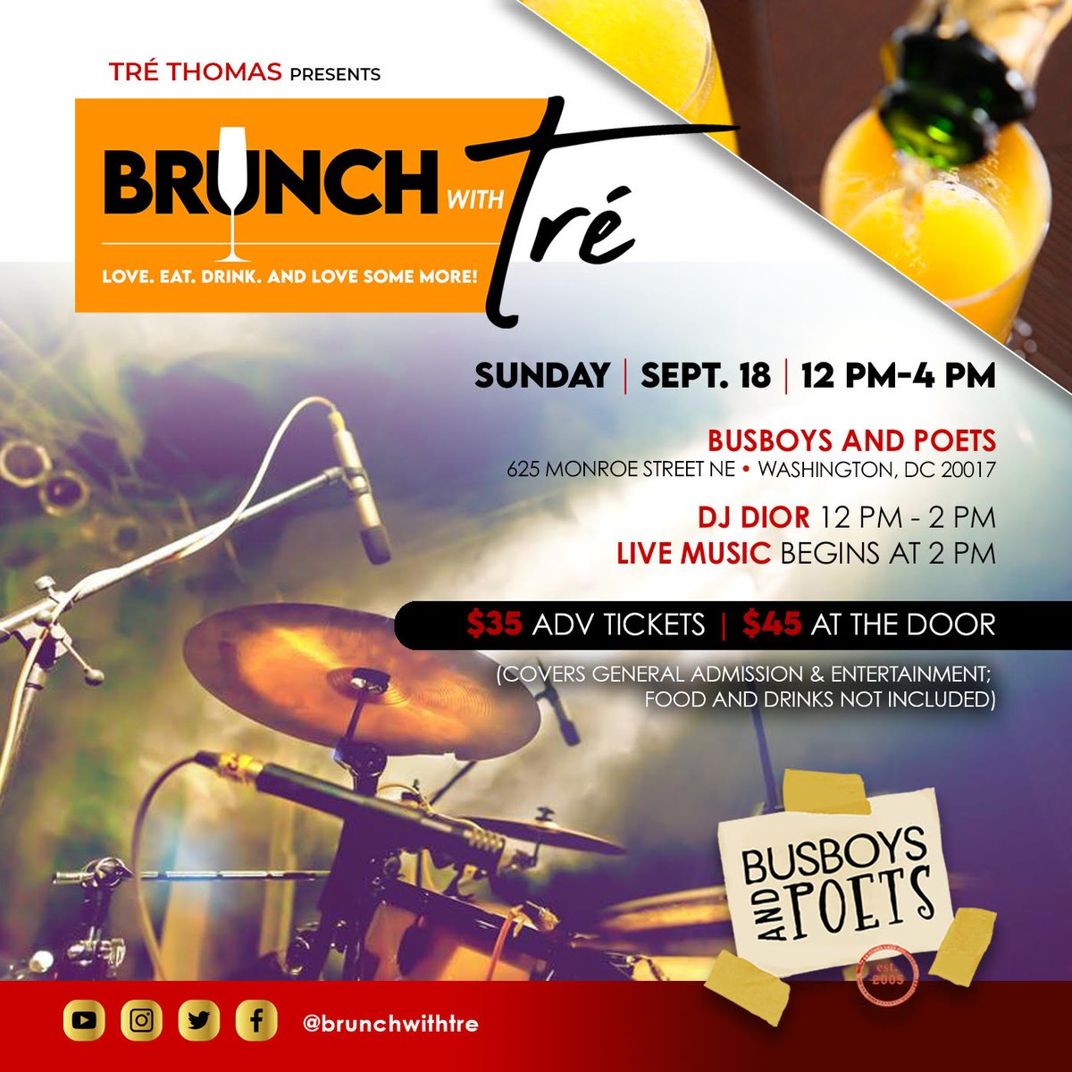 brunchwithtre's tweet photo. Join us for the return of @brunchwithtre at Busboys and Poets (625 Monroe Street NE DC) on Sun, Sept 18, from 12pm-4pm!! Ticket link -> https://t.co/CaXLBdsMmI 
#trethomaspresents #brunchwithtre #DJDior #LiveBand #LivePerformances #BusboysandPoets #notyouraveragebrunch https://t.co/dAyYQf4MZA