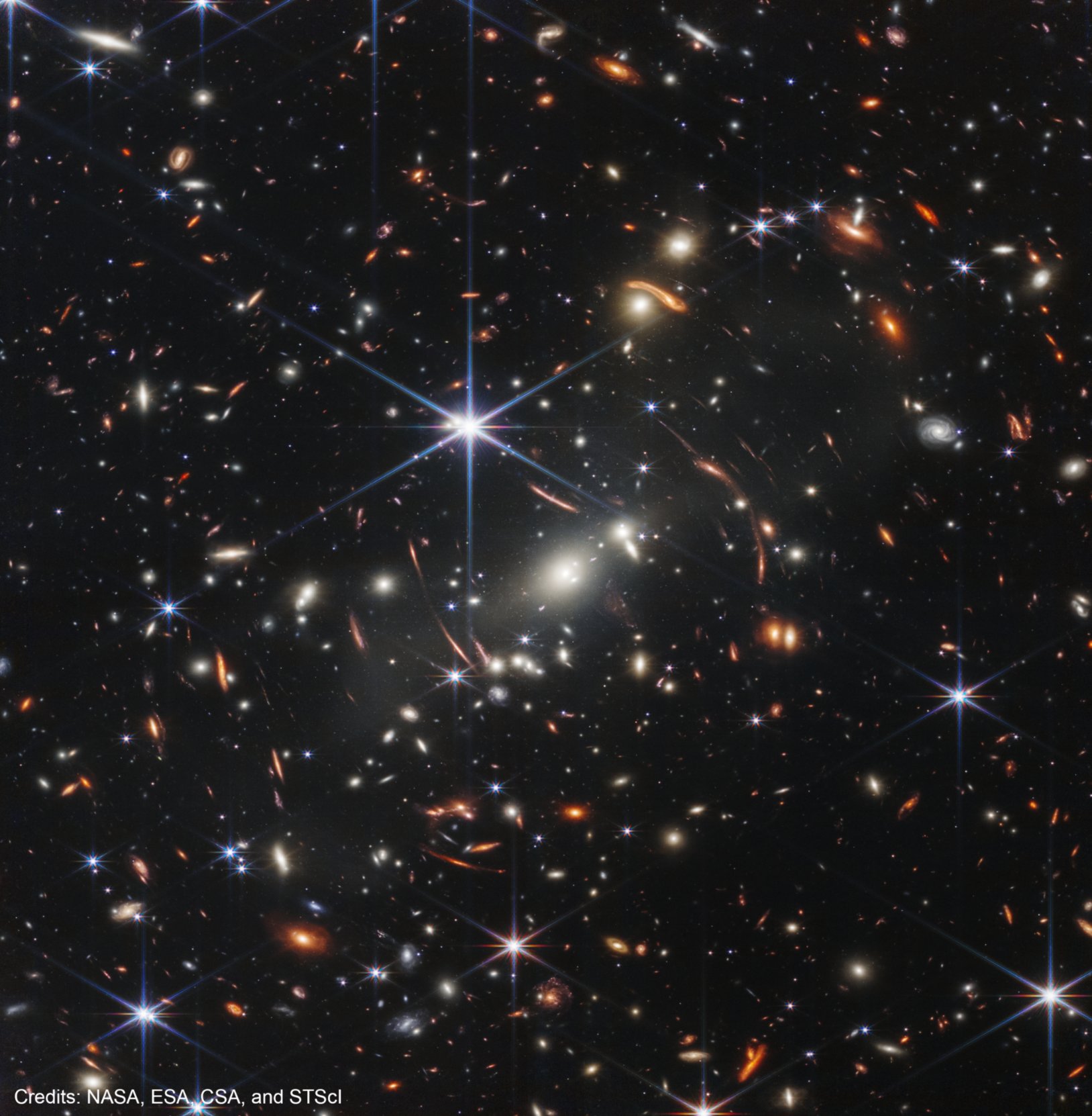 This image – the first released from NASA’s James Webb Space Telescope – shows the galaxy cluster SMACS 0723. Some of the galaxies appear smeared or stretched due to a phenomenon called gravitational lensing. This effect can help scientists map the presence of dark matter in the universe.
Credit: NASA, ESA, CSA, STScI