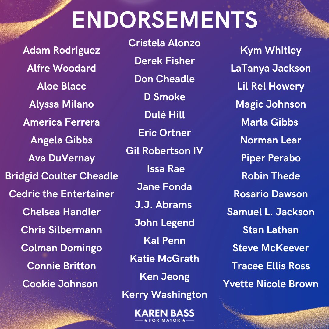 Progress becomes possible when diverse groups of culture leaders come together as one voice to make change. I'm honored to have the support of this group and others in the entertainment industry, and I look forward to working together for a better L.A. #KarenBassforMayor
