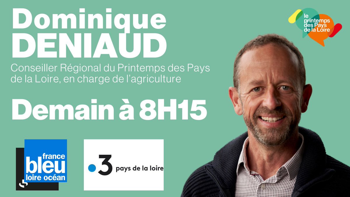 printempsPDL's tweet photo. ⏰Demain matin à 8h15 en direct, retrouvez Dominique Deniaud, conseiller Régional du Printemps des Pays de la Loire, en charge de l’agriculture sur @bleuloireocean et @F3PaysdelaLoire ! https://t.co/IYBYk3qyho