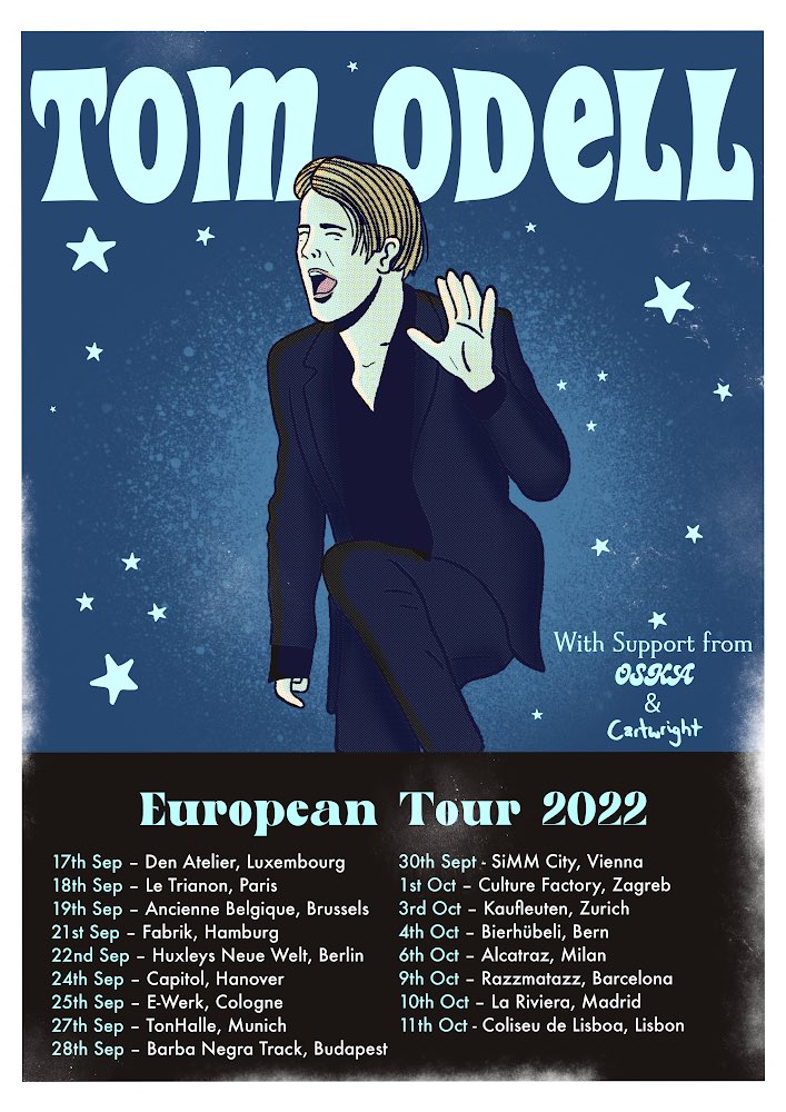 iamcartwright's tweet photo. 🤯🤯 Absolutely over the moon to announce I’ll be supporting Tom Odell all around Europe starting this Saturday !! We’ve got 17 shows, 17 cities, 11 countries, and 25 days of madness ahead of us and I can’t wait. Thanks so much Tom you fucking legend (((:: !! https://t.co/JAYTKVUqyN