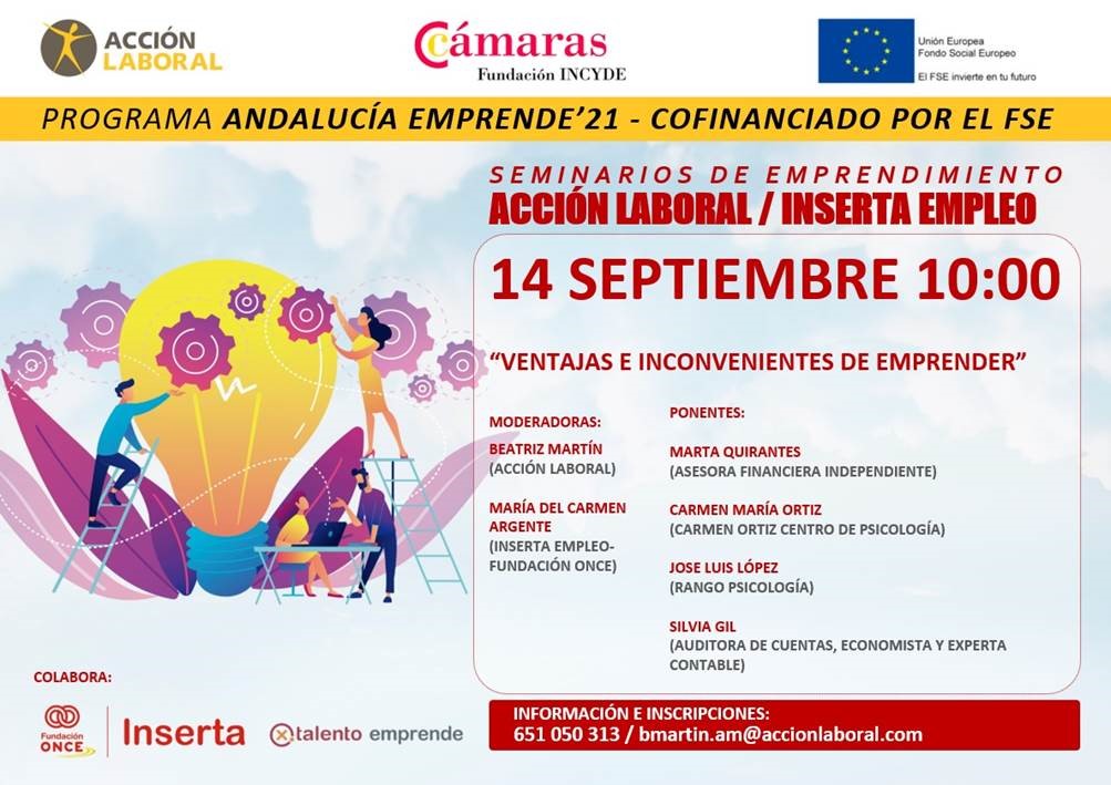 Este miércoles te invitamos al próximo seminario que organizamos en #Almería. Contaremos con cuatro invitados, dos de ellos emprendedores que han sido usuarios de nuestros servicios. Información e inscripciones: 651 050 313 / bmartin.am@accionlaboral.com