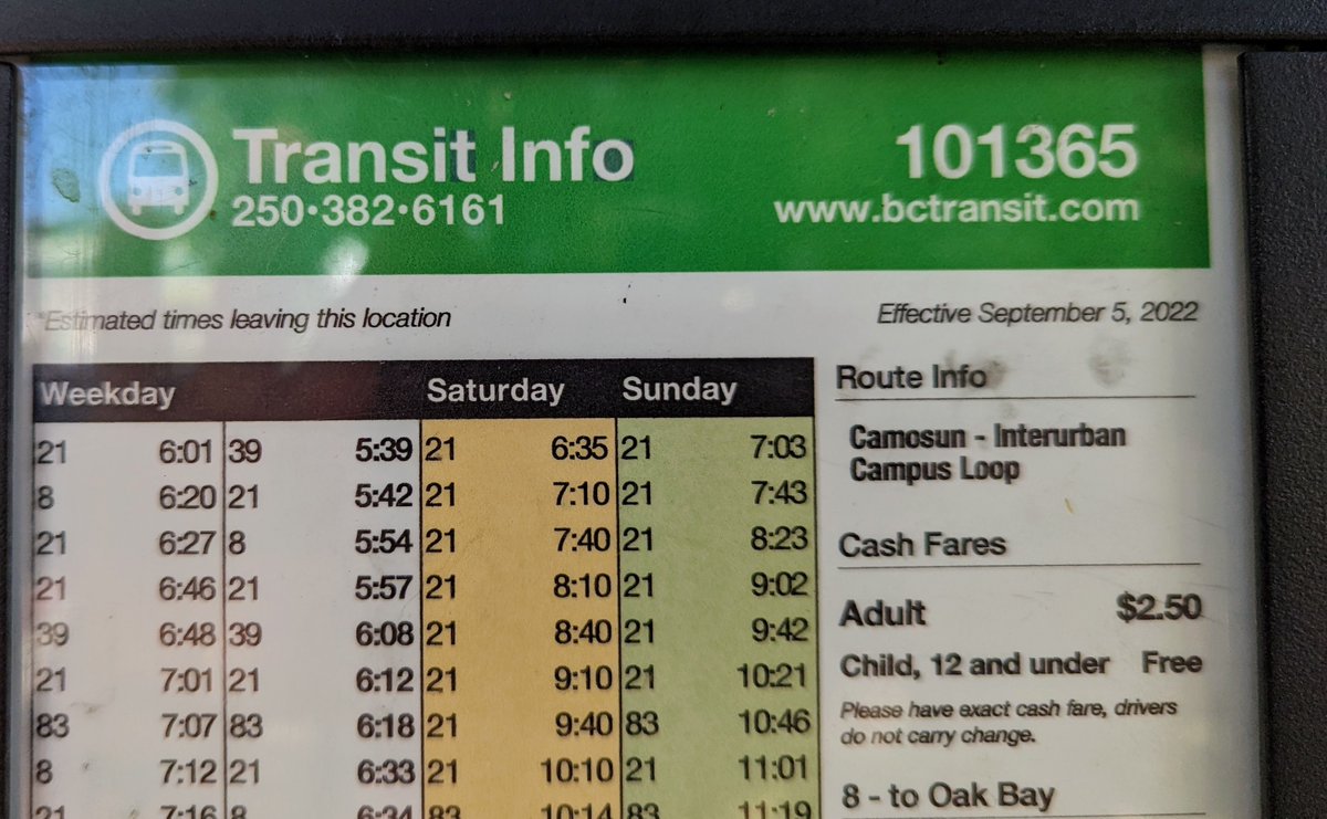renomate's tweet photo. Good morning @BCTransit,
Wondering if you can confirm if this reduction in service is permanent?
My students and I tried to catch the #39bus at 3:08pm from @Camosun Interurban Friday, it didn't arrive, and is also now missing from the printed schedule at the bus stop.
π§΅ https://t.co/rYVh7W9YUr