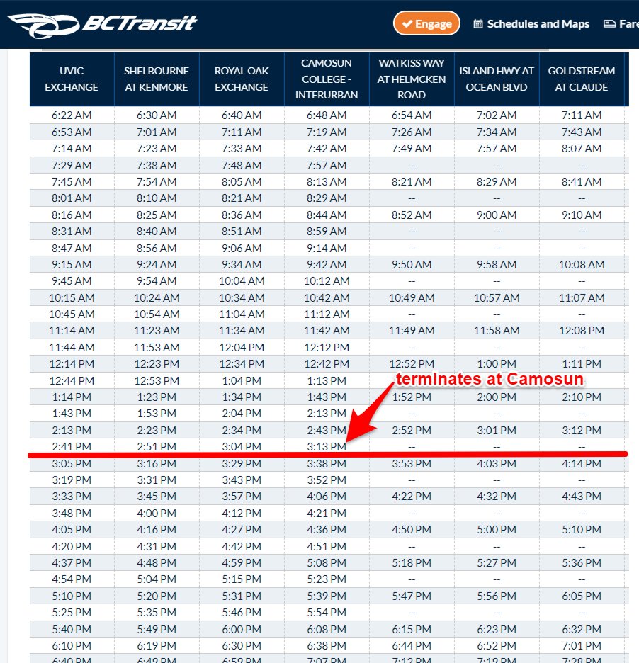 renomate's tweet photo. Good morning @BCTransit,
Wondering if you can confirm if this reduction in service is permanent?
My students and I tried to catch the #39bus at 3:08pm from @Camosun Interurban Friday, it didn't arrive, and is also now missing from the printed schedule at the bus stop.
π§΅ https://t.co/rYVh7W9YUr