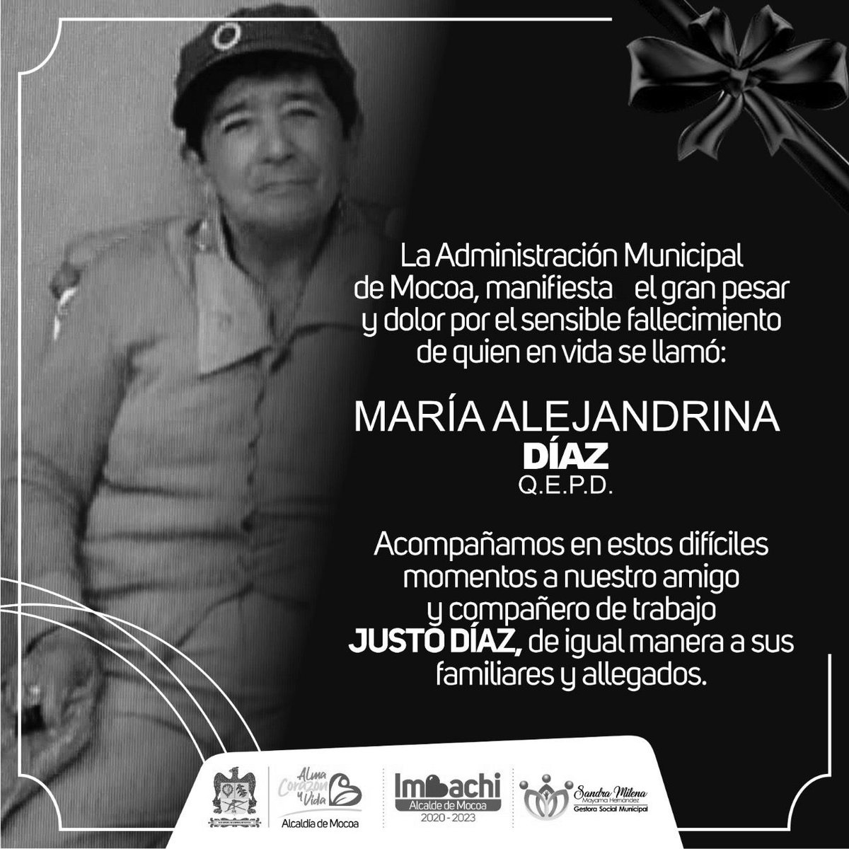 Alcaldia de Mocoa (@alcaldiademocoa) on Twitter photo Desde la <a href="/AlcaldiadeMocoa/">Alcaldia de Mocoa</a> lamentamos el sensible fallecimiento de quién en vida fue María Alejandra Díaz, madre de uno de nuestros funcionarios de la Sec. de Obras, Justo Díaz; a él y a su familia enviamos nuestro mensaje de condolencia en este difícil momento. Paz en su tumba.🕊️ Desde la <a href="/AlcaldiadeMocoa/">Alcaldia de Mocoa</a> lamentamos el sensible fallecimiento de quién en vida fue María Alejandra Díaz, madre de uno de nuestros funcionarios de la Sec. de Obras, Justo Díaz; a él y a su familia enviamos nuestro mensaje de condolencia en este difícil momento. Paz en su tumba.🕊️
