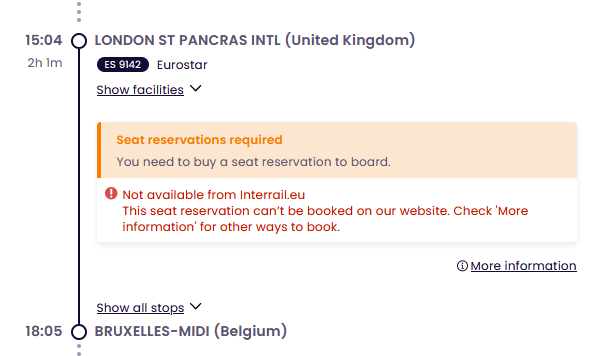 rikkilt's tweet photo. @Interrail @EurostarUK Hi, I'm trying to book an Interrail reservation on a Eurostar. I booked one on Friday, and it was fine, but today I'm getting this message for all connections on the Interrail reservn site. Can you please let me know if there is a technical problem? Thanks https://t.co/PWHaCEQyny