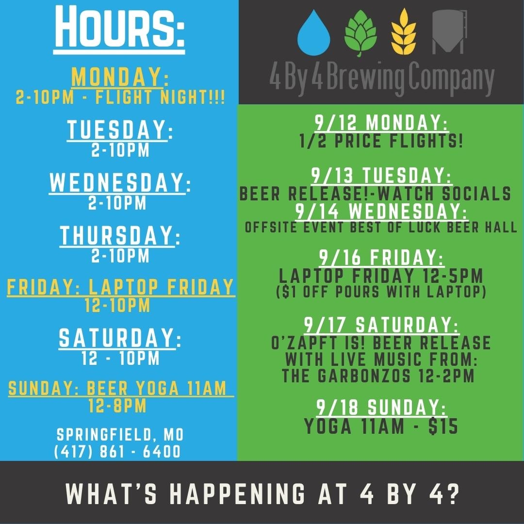 4by4Galloway's tweet photo. Here's what's going on this week at 4 By 4!⁠
⁠
#weeklyevents #beerrelease #twobeers #417land #thingstodo #keepup #flightnight #laptopfriday #beeryoga #foodtrucks #springfieldmoevents #breweryevents #gallowaydistrict #springfieldmo #4by4brewingco⁠ https://t.co/1NcSLmfC12