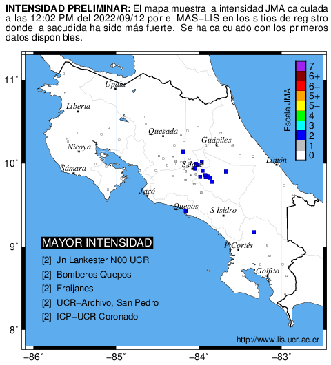 LISUCR's tweet photo. Intensidad preliminar del #sismocr #eventoscr calculada por el @MASLISUCR (Explicacion del mapa https://t.co/BKWsG7pgcn) https://t.co/dbgA7Qx7h2