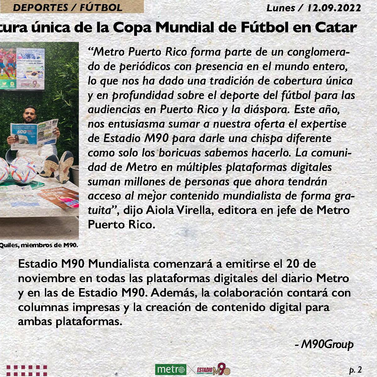 EstadioM90's tweet photo. 🟡 -  La pasión y la magia que presenta la Copa Mundial de fútbol en Catar llega a ti desde Estadio M90 junto a @Metro_PR 

#NoEstánListosParaLoQueViene #MetroPR #Catar2022 https://t.co/bPetMz8H3t