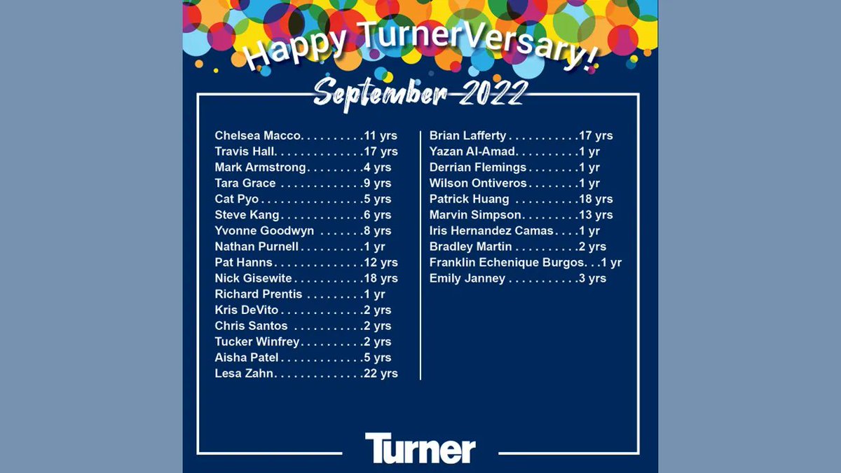 TurnerMidAtl's tweet photo. Congratulations to all our team members who celebrate their service anniversaries throughout the month of September t! Thank you all, for your hard work and dedication.
.
#TurnerVersary #TurnerCelebration #WorkForTurner #TurnerMidAtlantic #TurnerConstruction #BuildWithTurner https://t.co/UEhrZ5RtBO