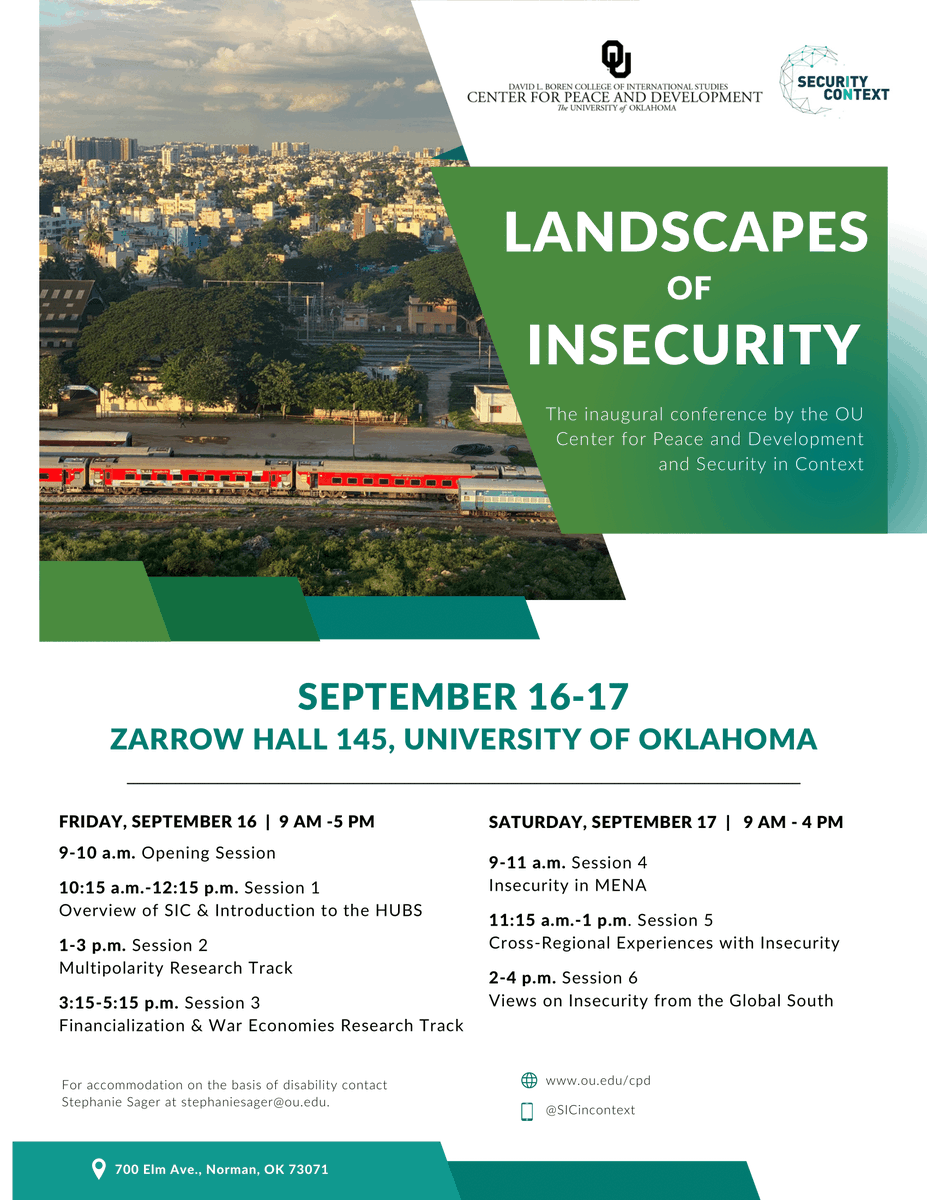 SecurityContext's tweet photo. 🚨The #LandscapesOfInsecurity inaugural conference is happening this weekend.
🗓️Friday & Saturday, Sept. 16 & 17
📍Zarrow Hall 145, @UofOklahoma
🆓Free & open to all
Check out the schedule and save the date!
https://t.co/QtBCs7BQlE https://t.co/K93KvPrSJL