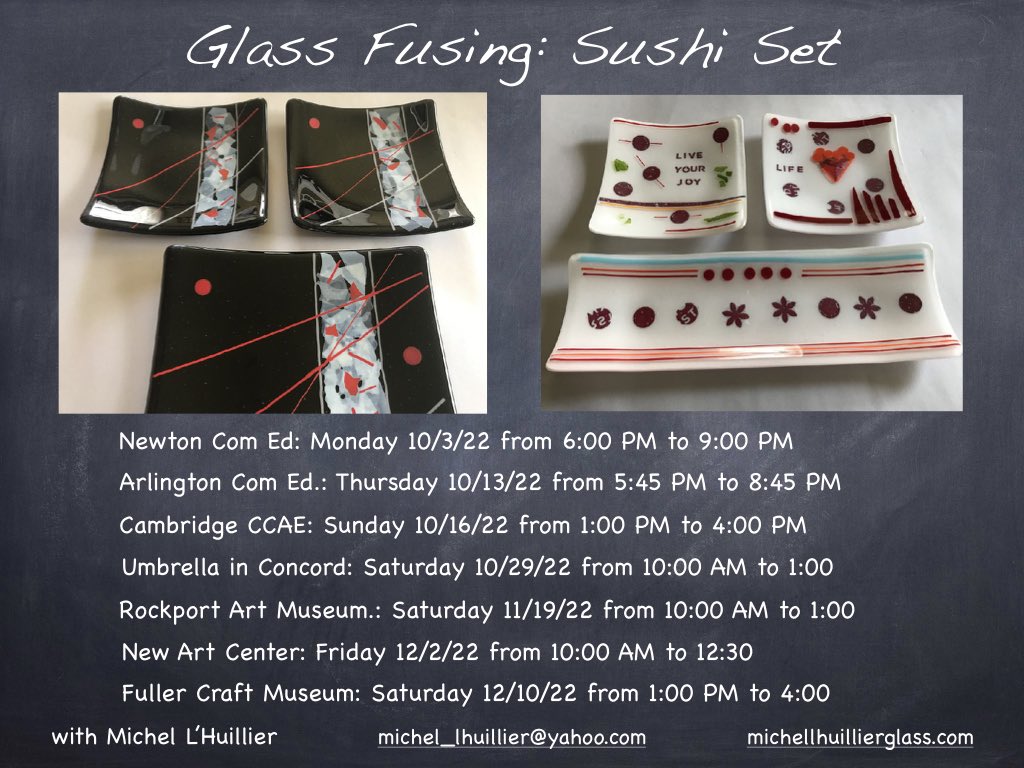 LhuillierGlass's tweet photo. Learn glass fusing in Metro Boston this Fall and create your own fused glass sushi set. @cambridgecenter @NewtonCommEd @NeedhamComEd @ArlingtonCommEd @TheUmbrellaArts @RockportArts @NewArt1977 @fullercraft #fusedglass #glassfusing #glassclass https://t.co/8akoDgdmli