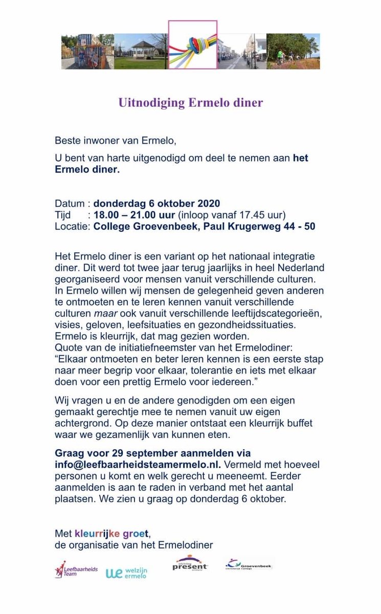 WelzijnErmelo's tweet image. Kom je ook naar het Ermelo diner? Een prachtig initiatief van #Present, #Groevenbeek, #Leefbaarheidsteam, #WelzijnErmelo.