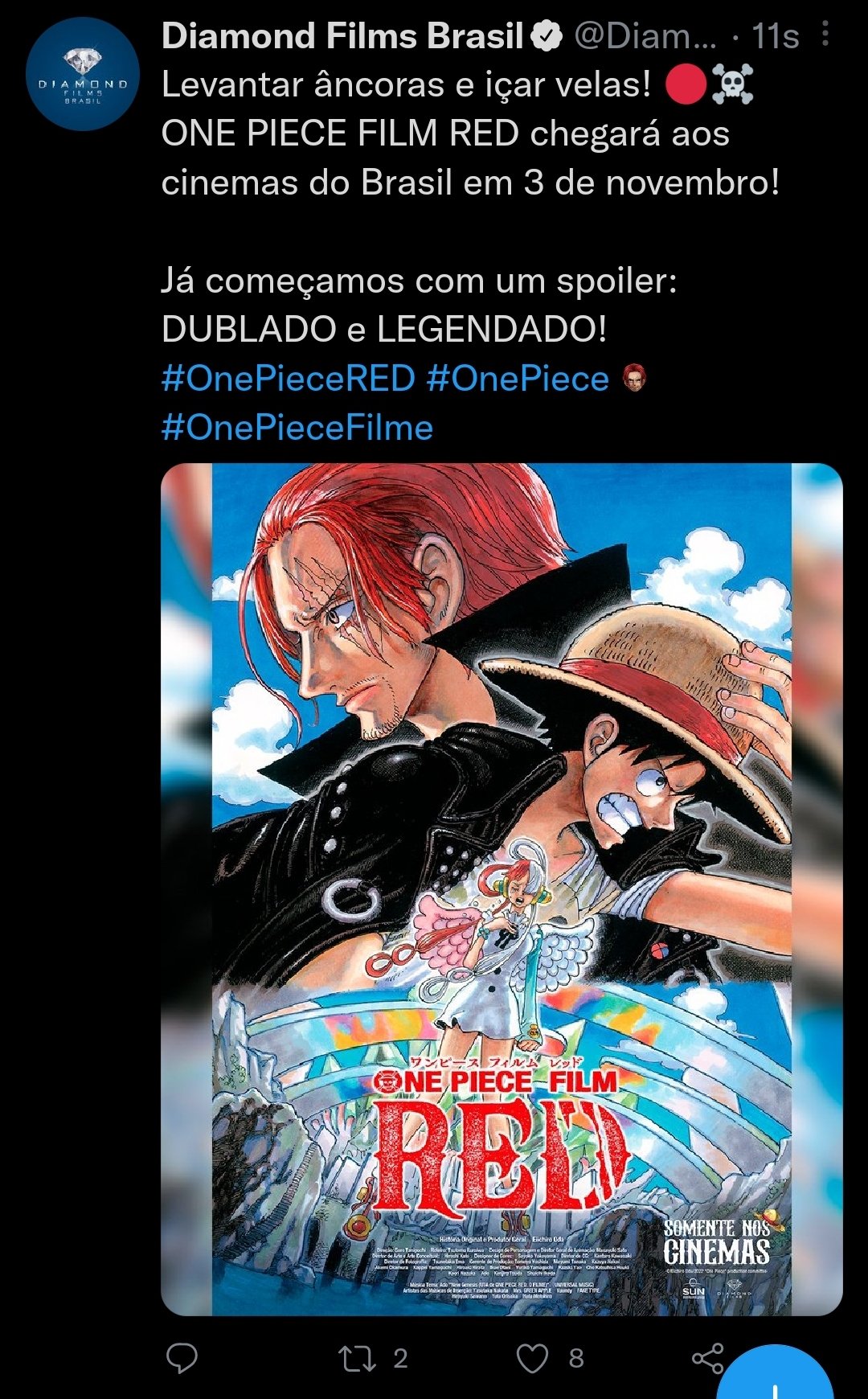 Filme One Piece RED chega no Brasil em 3 de novembro