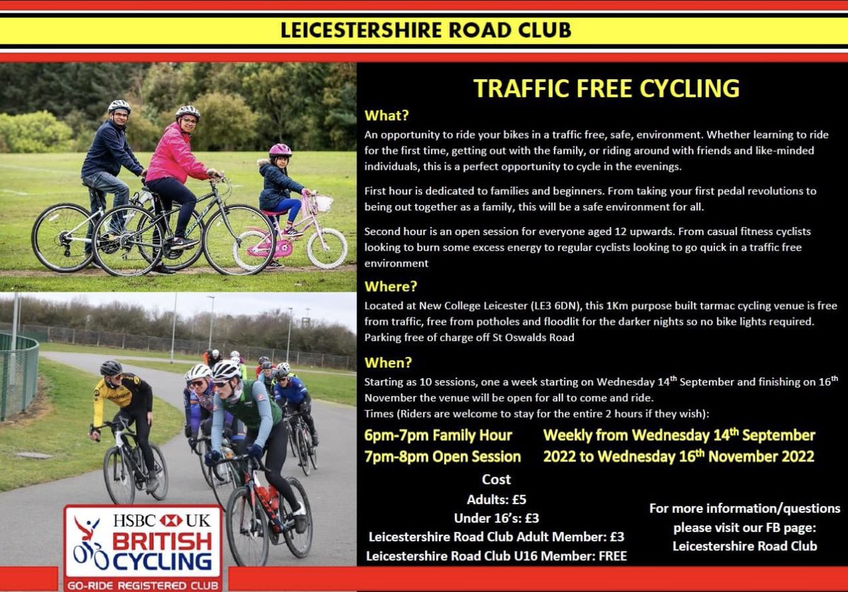 Traffic free cycling starting 14th September ⬇️ 
Weekly sessions; 6-7pm family hour, 7-8pm open session. Please spread the word 🚴‍♀️🚴🏼🚴‍♂️