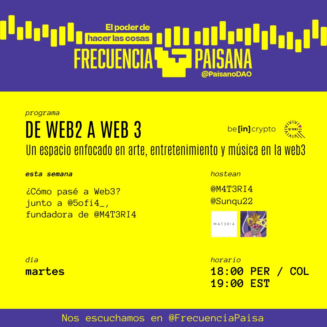 Nos vemos mañana en una edición especial de nuestro programa junto a <a href="/5ofi4_/">5ofi4.eth</a>, fundadora de <a href="/M4T3RI4/">M4T3RI4</a>, para hablar sobre su experiencia en la #Web3 junto a 
<a href="/Sunqu22/">Sunqu</a> en nuestro twitter!